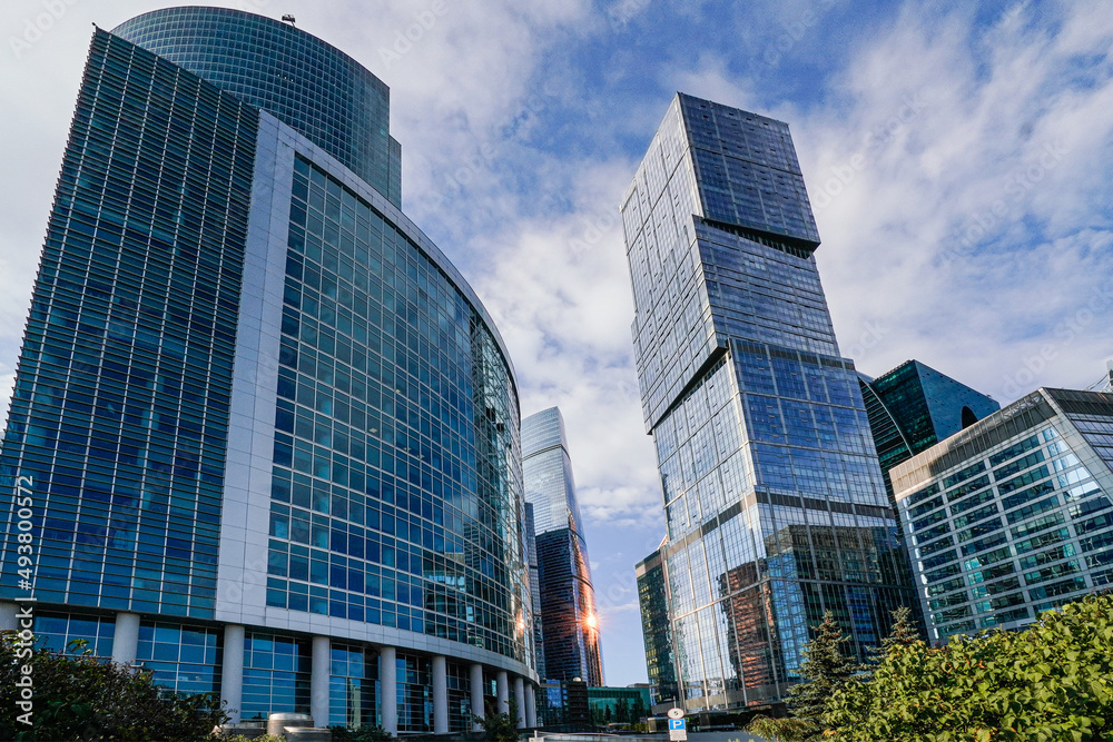 Skyscrapers in the business center, financial district, sunny day, blue sky, empty space, Moscow city, Russia.