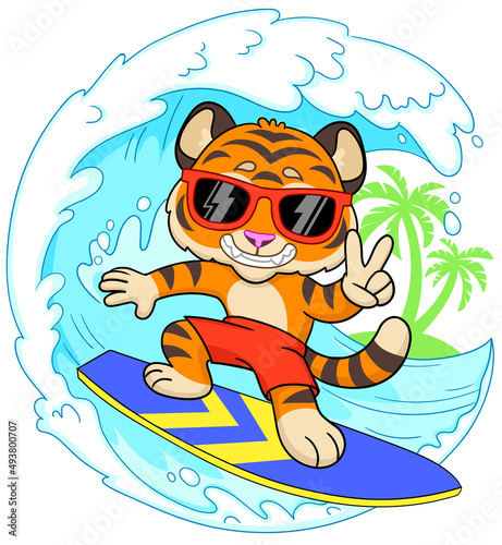 Cool tiger surfer rides a sea wave. Summer sport theme. Vector illustration isolated