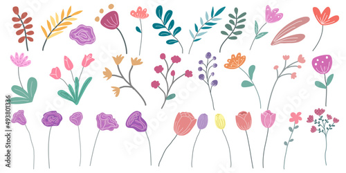 Vector set floral and leaf elements designed in pastel tones, doodle style for decorations, cards, digital prints, paper patterns, apparel patterns, stickers, pillows, spring themed decorations etc.