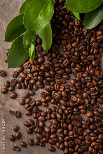 coffee beans and green leaves from above