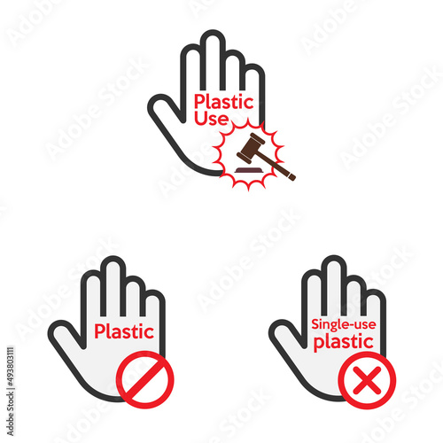 Hand stop plastic pollution symbol set. Vector illustration outline flat design style.