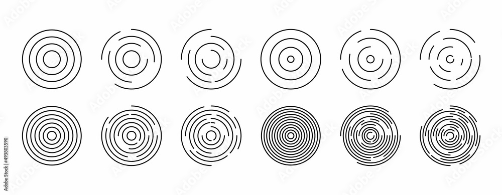 Concentric vortex circles, circular ripple lines design. Dynamic abstract black spiral. Thin radial burst background. Vector. Graphic round random swirl shapes. Arc curve whirlwind sonars. EPS10