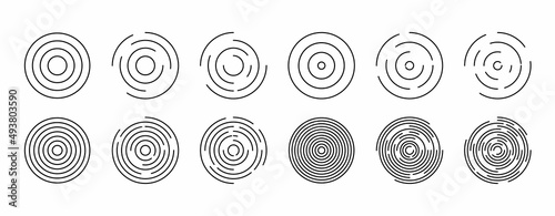 Concentric vortex circles, circular ripple lines design. Dynamic abstract black spiral. Thin radial burst background. Vector. Graphic round random swirl shapes. Arc curve whirlwind sonars. EPS10