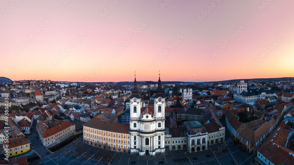 Aerial view of Minorite Church of St. Anthony of Padua in Eger, Hungary