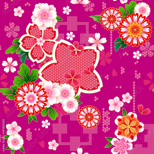 Japanese spring floral background in traditional kimono style