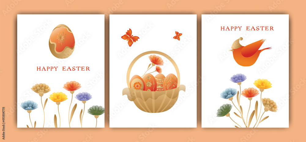 Easter vector illustration, set of three cards. Rabbits, wreaths and flowers, Easter eggs. Gradient, postcards with words, wishes for happy Easter