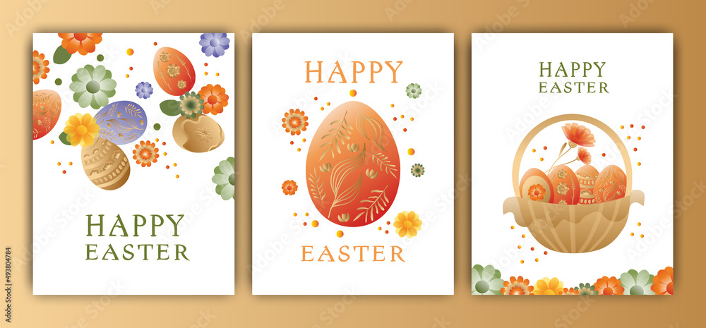 Easter vector illustration, set of three cards. Rabbits, wreaths and flowers, Easter eggs. Gradient, postcards with words, wishes for happy Easter