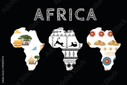 Continent Africa with patterns , vector illustration set. Elements for design, vector illustration, African culture concept. , logo