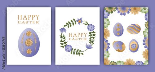 Easter vector illustration  set of three cards. Rabbits  wreaths and flowers  Easter eggs. Gradient  postcards with words  wishes for happy Easter