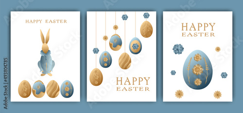 Easter vector illustration, set of three cards. Rabbits, wreaths and flowers, Easter eggs. Gradient, postcards with words, wishes for happy Easter