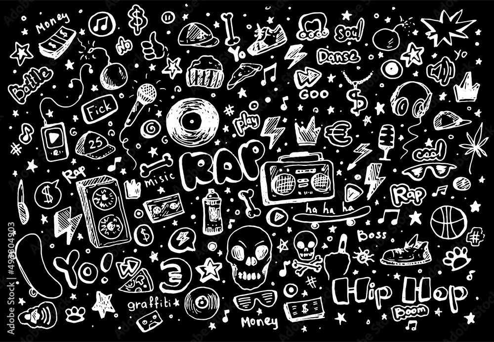 graffiti street hobbies and teenage music. a set of isolated elements drawn in a doodle style with a white isolated line on black for a teenage design template microphone, vinyl record, tape recorder,