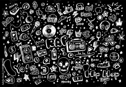 graffiti street hobbies and teenage music. a set of isolated elements drawn in a doodle style with a white isolated line on black for a teenage design template microphone  vinyl record  tape recorder 