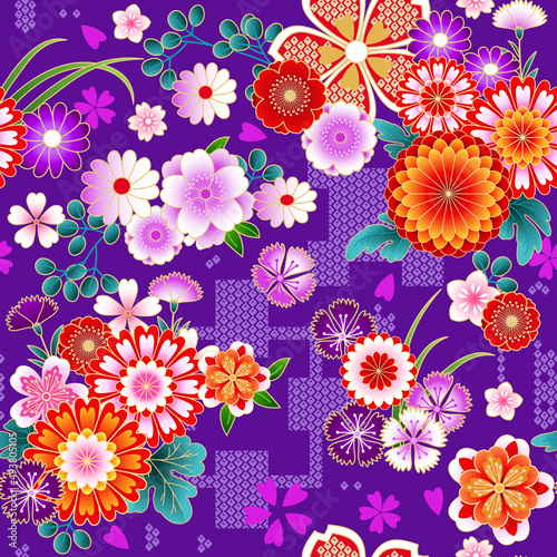 Japanese spring floral background in traditional kimono style