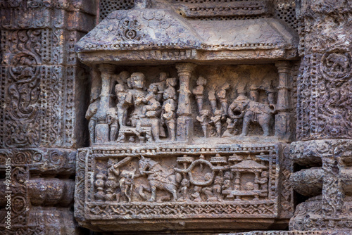 Figures of King and his consorts along with the royal court and elephant in the ruins of 800 year old Sun Temple Complex, Konark, India.  Unesco World Heritage  Site. © Prashanth Bala