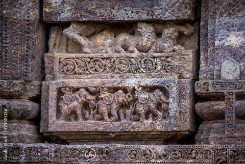Figures of marching war elephants at the 800 year old Sun Hindu Temple, Konark, Orissa, India. UNESCO World Heritage. photo