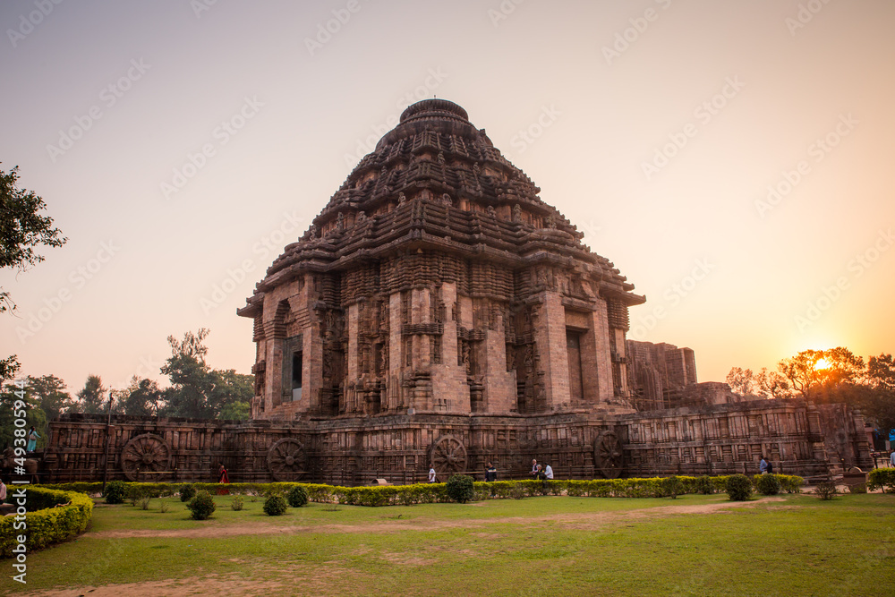 800 year old Sun Temple, Konark Odisha, India. Designed as a chariot consisting of 24 wheels which are sundials to measure movement of sun and planets. Unesco World Heritage Site.
