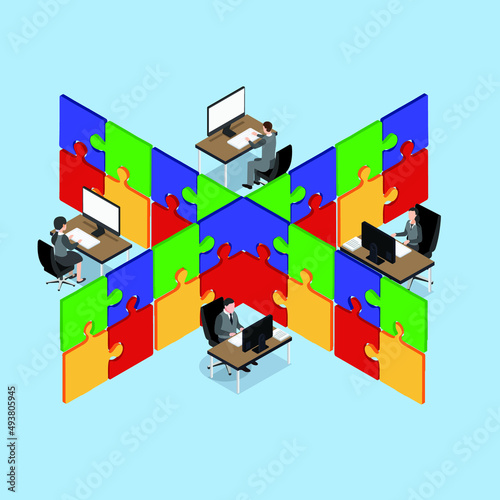 Employees working in a cubicle made of puzzle pieces isometric 3d vector icon concept for banner, website, illustration, landing page, flyer, etc.