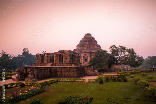 Ruins of dancing hall in front of 800 year old Sun Temple, Konark, India. Designed as a chariot consisting of 24 wheels which are sundials to measure movement of sun and planets photo