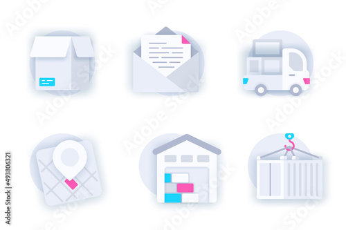 Delivery service web concept of 3d paper icons set. Pack flat pictograms of parcel box, letter in envelope, truck, location tracking, warehouse, container. Vector elements for mobile app and website