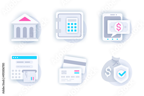 Banking web concept of 3d paper icons set. Pack flat pictograms of bank, safe deposit box, online banking, cash advance, credit cards, savings protection. Vector elements for mobile app and website