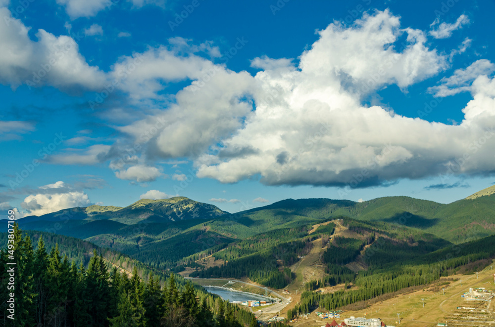Fototapeta premium Magnificent panoramic view the coniferous forest on the mighty Carpathians Mountains and beautiful blue sky background. Beauty of wild virgin Ukrainian nature. Peacefulness.