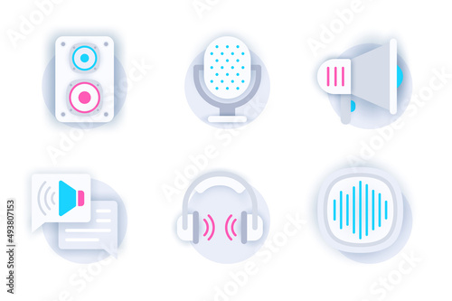 Voice and audio web concept of 3d paper icons set. Pack flat pictograms of music column, microphone, loudspeaker, notification, headphones, sound button. Vector elements for mobile app and website