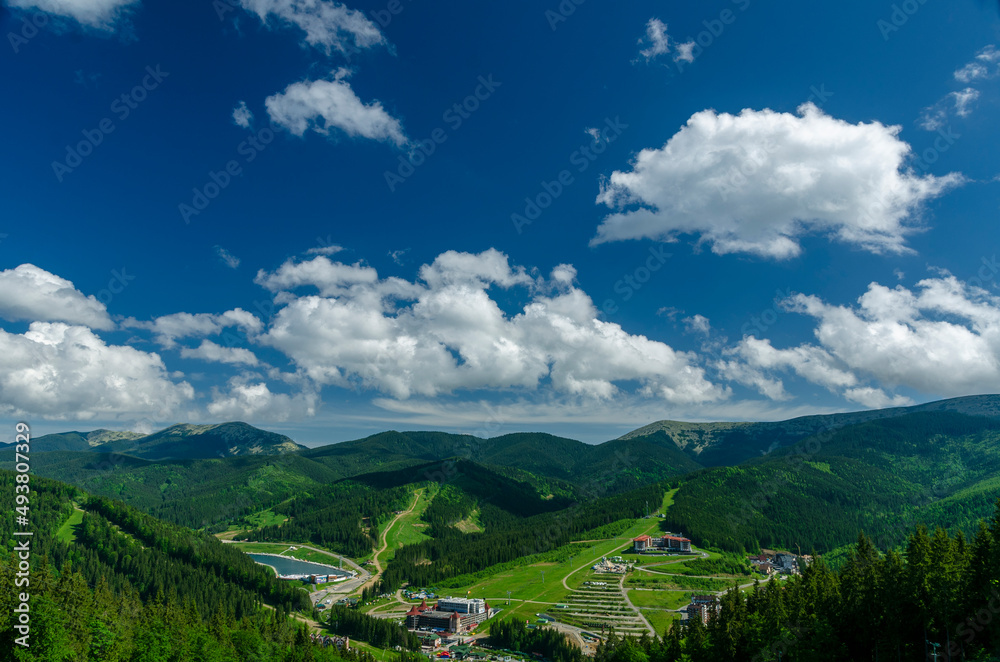 Fototapeta premium Magnificent panoramic view the coniferous forest on the mighty Carpathians Mountains and beautiful blue sky background. Beauty of wild virgin Ukrainian nature. Peacefulness.