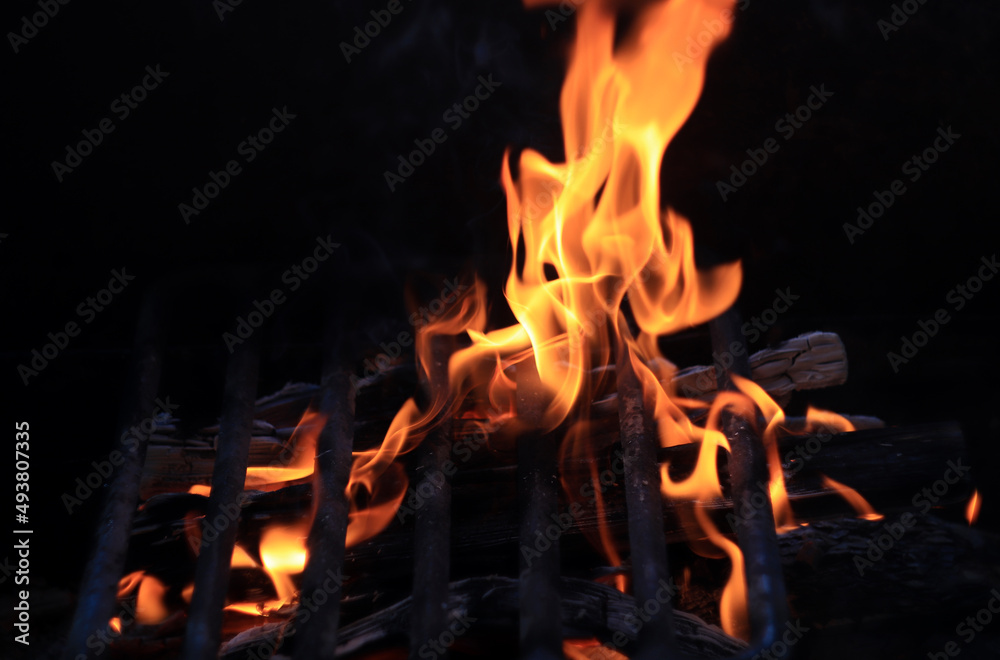 Fototapeta premium Orange fire flames on a black background. Fire for picnic of nature