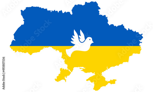 Ukraine Country on Blue, Yellow Map with Dove Silhouette Icon. Ukrainian Map with Pigeon Symbol of Freedom, Peace. Ukraine Territory Shape with Border Pictogram. Isolated Vector Illustration