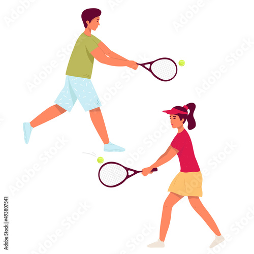 Set of man, woman playing tennis. flat character. Vector illustration. man demonstrate receive position holding racket. Sportsman playing big tennis. isolated on whine. male taking part 