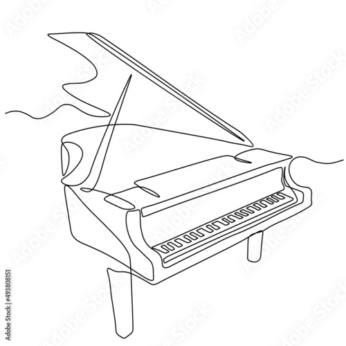 Piano continuous one line vector drawing. Pianoforte hand drawn silhouette clipart. Acoustic musical instrument sketch. Grand piano minimalistic contour illustration. Isolated linear design element
