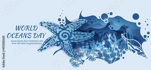 Text - world ocean day. Starfish template for making a postcard. Vector image for laser cutting and plotter printing. fauna with marine animals.