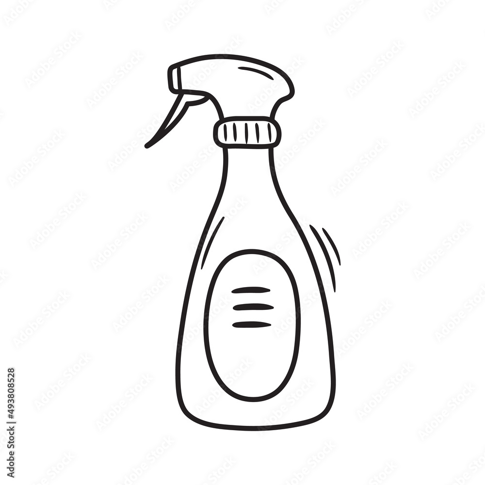 Outline doodle plastic spray bottle with detergent liquid. Hand drawn icon of laundry supply. Housework equipment vector illustration Outline doodle plastic spray bottle with detergent liquid. Hand drawn icon of laundry supply. Housework equipment vector illustration
