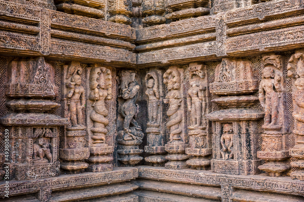 Panels of Ichchadhari Nagin (Mythical shape-shifting cobras in Indian folklore) at the 800 year old Sun Temple, Konark, Orissa, India. UNESCO World Heritage Site.