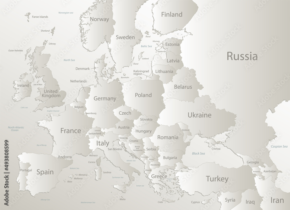 Fototapeta premium Europe with parts of Asia, states and islands with names, card paper 3D natural vector