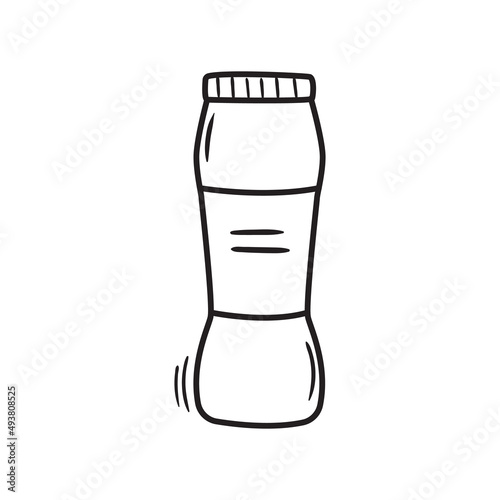 Outline doodle plastic container with washing powder. Hand drawn icon of laundry supply. Housework cleaning equipment vector illustration