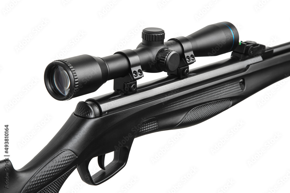 A modern air rifle with a futuristic design. Pneumatic weapons for sports and entertainment. Isolate on a white back