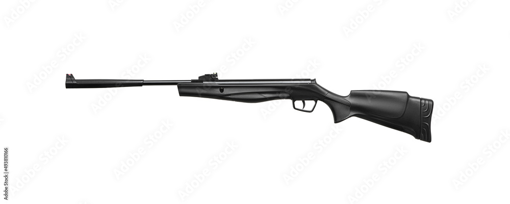 A modern air rifle with a futuristic design. Pneumatic weapons for sports and entertainment. Isolate on a white back