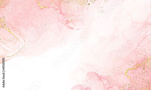 Abstract watercolor or alcohol ink art pink white background with golden crackers. Pastel pink marble drawing effect. llustration design template for wedding invitation,decoration, banner, background. photo