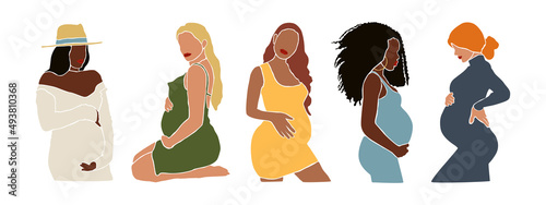 Big set of international pregnant woman touching her belly. Abstract Graphic Bundle, modern art about pregnancy and motherhood - mother concept. Hand drawn vector contemporary abstract illustration.