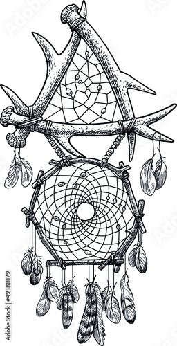 Dreamcatcher illustration, drawing, engraving, ink, line art, vector