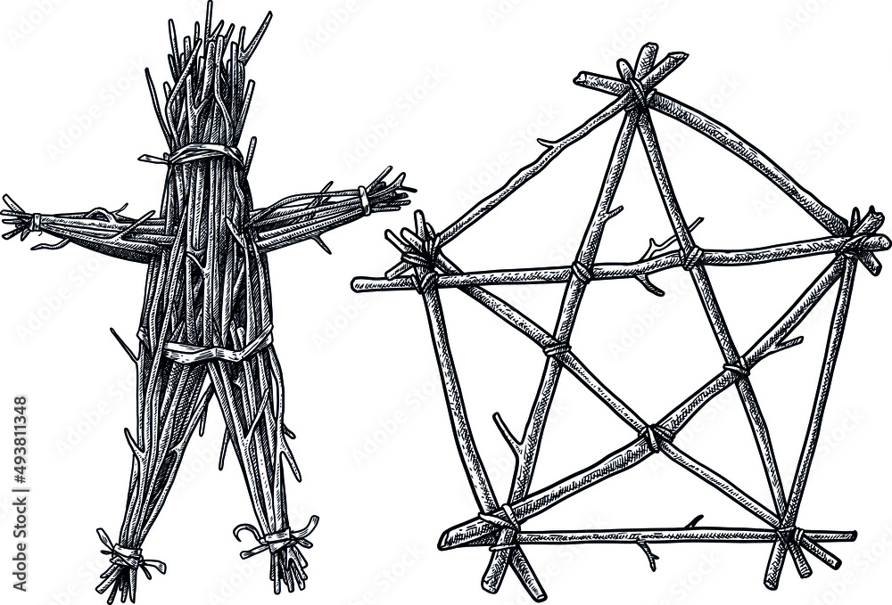 Twig doll and star illustration, drawing, engraving, ink, line art, vector