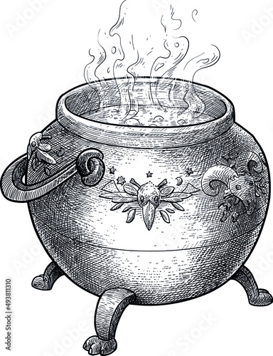Cauldron illustration, drawing, engraving, ink, line art, vector
