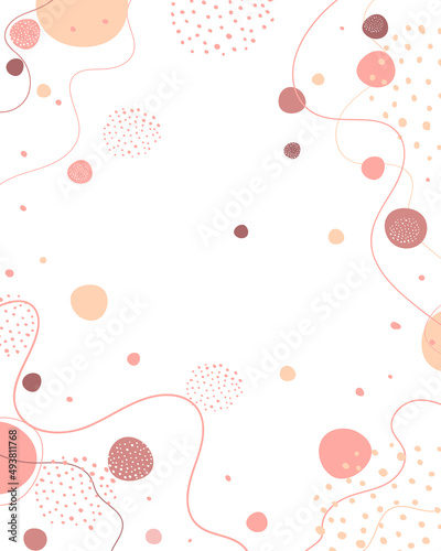 Abstract minimalism style background for copy space. Template for a menu, price list, checklist, brochure, notepad. Circles, lines, dots minimalism in pink beige colors on white background
