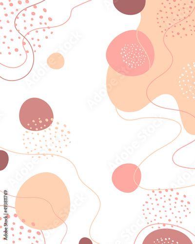 Abstract minimalism style background for copy space. Template for a menu, price list, checklist, brochure, notepad. Circles, lines, dots minimalism in pink beige colors on white background