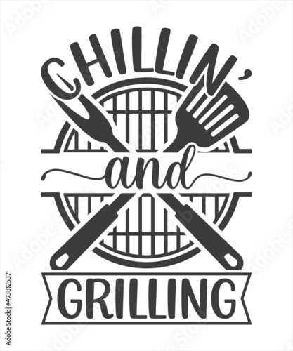 The inscription Grillin' & Chillin', written in shortened playful form, handdrawing of black ink on a white background.
