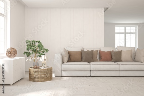 Stylish room in white color with sofa. Scandinavian interior design. 3D illustration