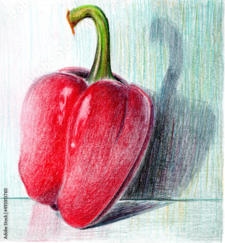 Bright red pepper on the gray table and mint green wall made with colored pencils