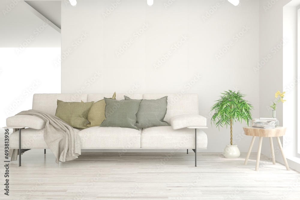 Fototapeta premium White living room with sofa. Scandinavian interior design. 3D illustration