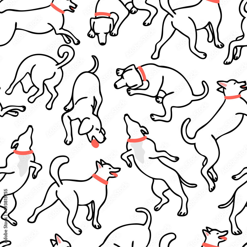 Seamless repeat pattern with dogs in various active poses drawn in one line black color on white background.Vector isolated illustration with cute animal characters for printing on fabric and paper.
